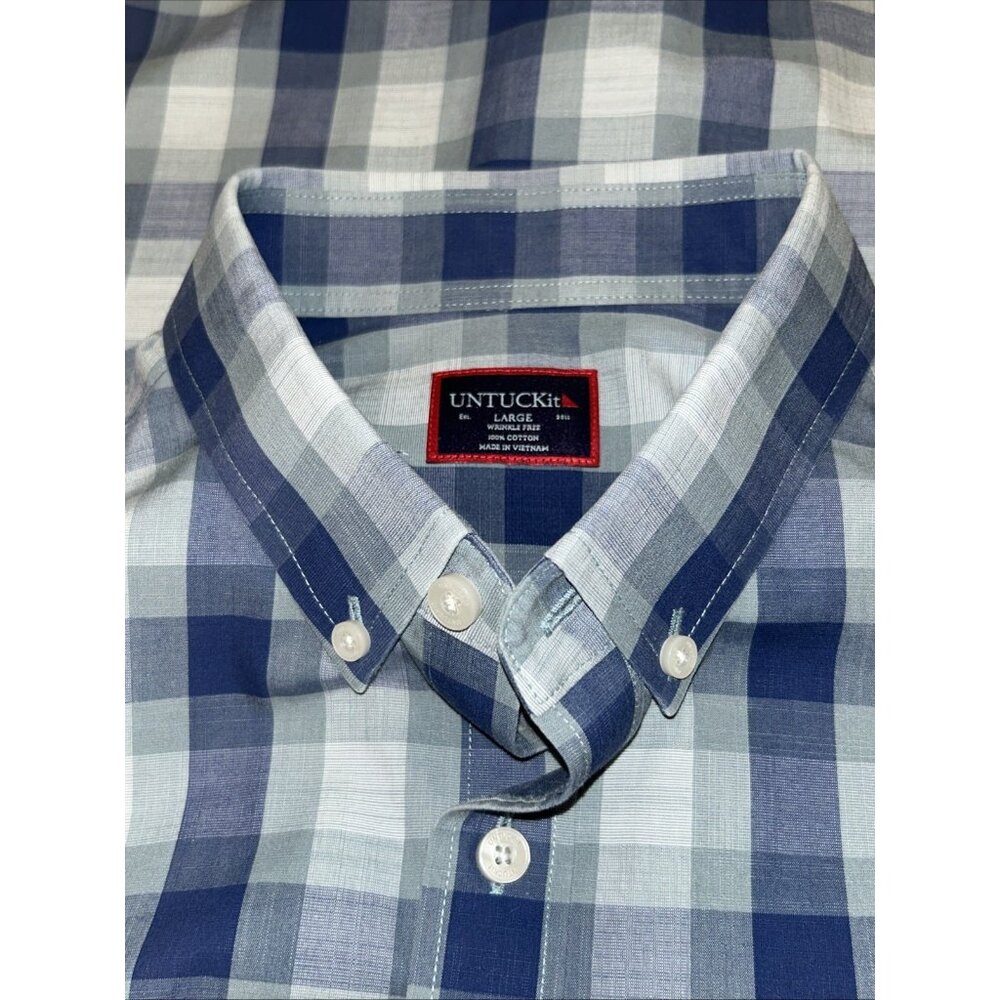 Untuckit Shirt Men’s Redaelli WF Gray Blue Plaid Wrinkle Free Button 100% Cotton